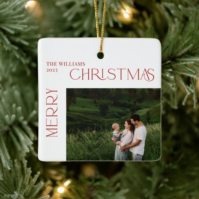 Modern Frohe Weihnachten Red Berry Botanical 2 Fot Keramikornament (Baum)