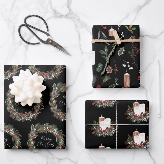 Modern Frohe Weihnachten Roter Berry Botanischer K Geschenkpapier Set (Vorderseite)