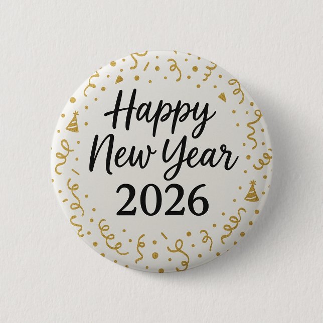 Modern Frohes neues Jahr 2026 Gold Konfetti  Button (Vorderseite)
