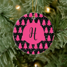 Modern Fuchsia & Black Christmas Tree Monogram Ce Keramik Ornament