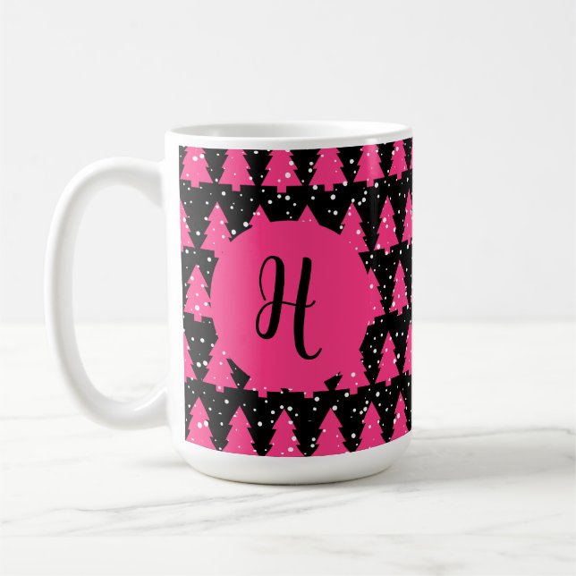 Modern Fuchsia & Black Christmas Tree Monogram Cof Kaffeetasse (Links)