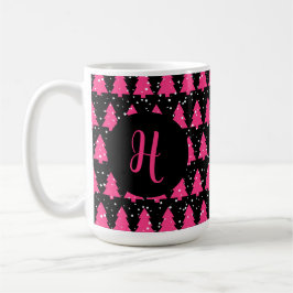 Modern Fuchsia & Black Christmas Tree Monogram Cof Kaffeetasse
