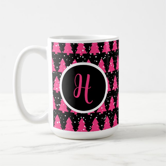 Modern Fuchsia & Black Christmas Tree Monogram Kaffeetasse (Links)