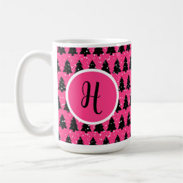 Modern Fuchsia & Black Christmas Tree Monogram Kaffeetasse
