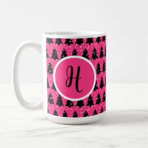 Modern Fuchsia & Black Christmas Tree Monogram Kaffeetasse