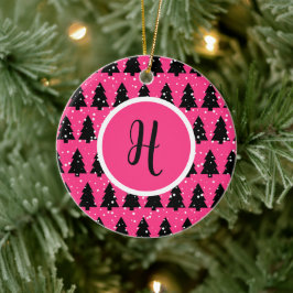 Modern Fuchsia & Black Christmas Tree Monogram Keramik Ornament
