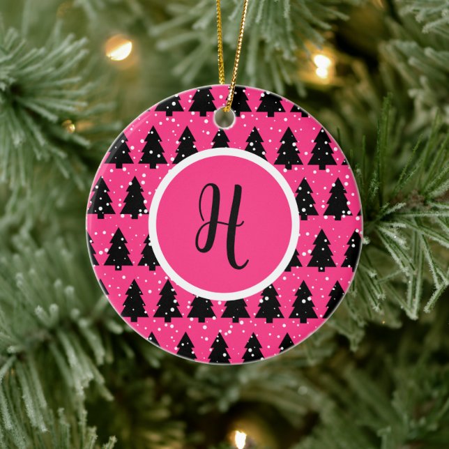 Modern Fuchsia & Black Christmas Tree Monogram Keramik Ornament (Baum)
