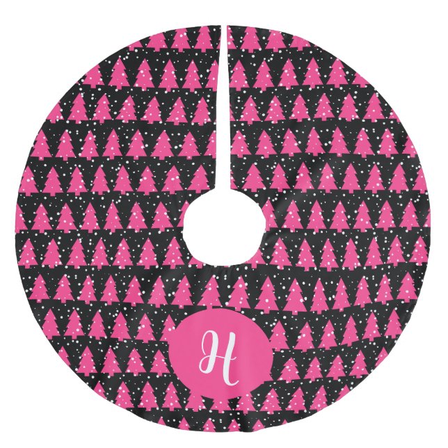 Modern Fuchsia & Black Christmas Tree Polyester Weihnachtsbaumdecke (Vorderseite)