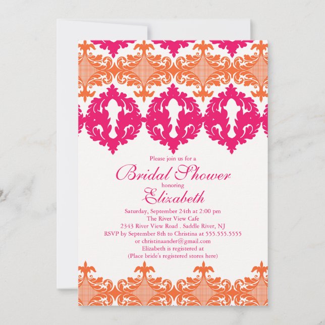 Modern Fuchsia & Orange Damask Brautparty Einladung (Vorderseite)