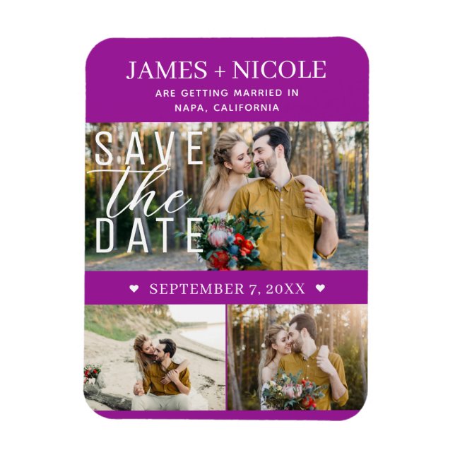 Modern Fuchsia Save the Date Hochzeit 3 Fotos Magnet (Vertikal)