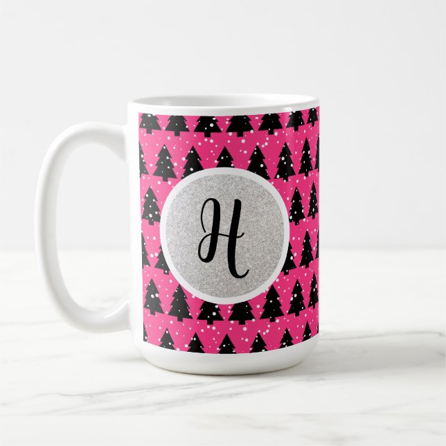 Modern Fuchsia und Black Christmas Tree Monogram Kaffeetasse (Links)