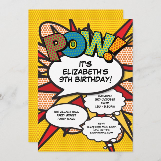 Modern Fun Birthday Party Comic buchen jedes Alter Einladung (Vorne/Hinten)