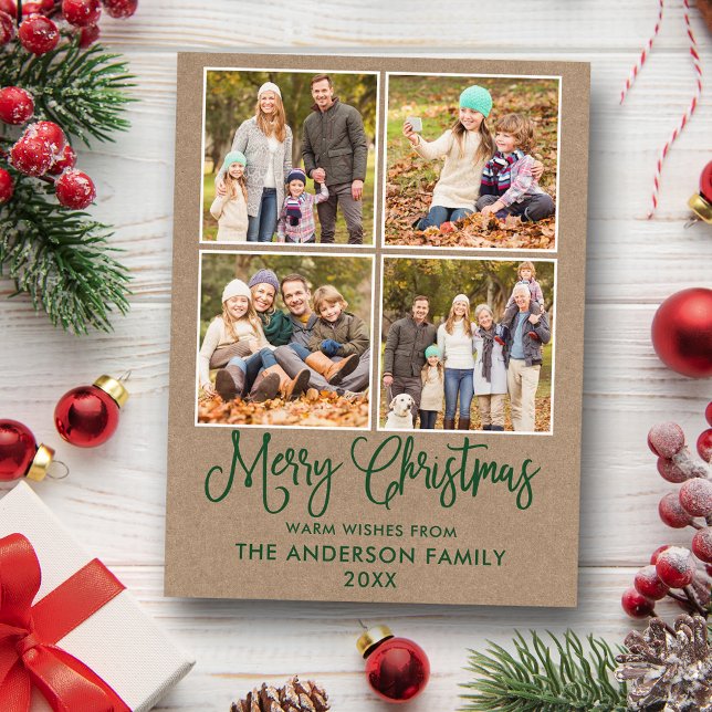 Modern Fun Calligraphy Christmas Kraft 4 Foto Postkarte (Customize to change your personalized text size or text style.)