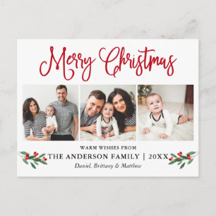 Modern Fun Calligraphy Christmas Red Holly 3 Foto Postkarte