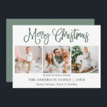 Modern Fun Calligraphy Foto Sage Green Christmas Feiertagskarte<br><div class="desc">Modern Fun Calligraphy Script Frohe Weihnachten 3 Foto Holiday Card - Sage Green</div>