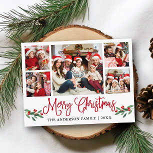 Modern Fun Calligraphy Red Christmas Holly 5 Foto Postkarte