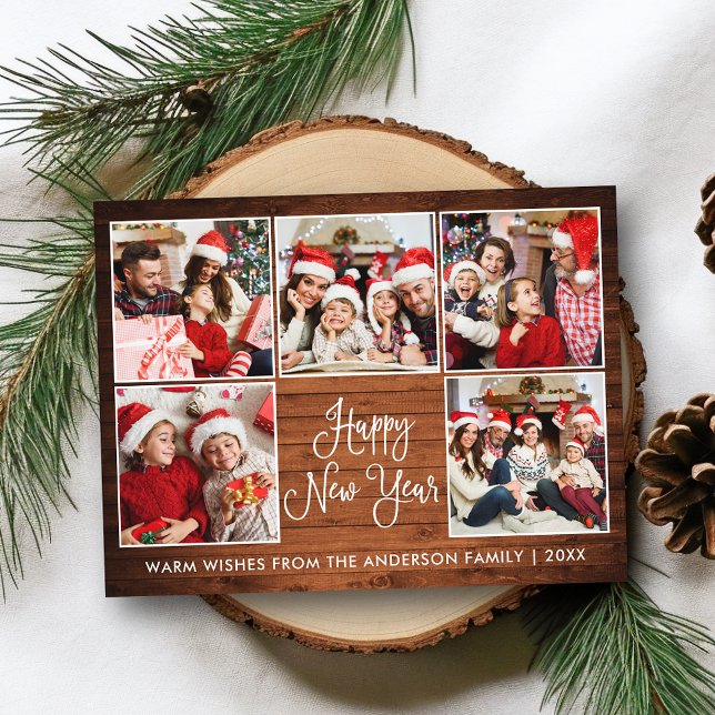 Modern Fun Calligraphy Wood 5 Foto Neues Jahr Postkarte (Customize to change your personalized text size or text style.)