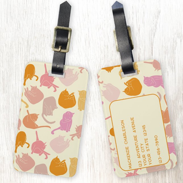 Modern Fun Cat Muster Rosa Orange Personalisiert Gepäckanhänger (Elegant and fun kitty cat pattern  personalized luggage tag)