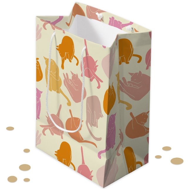 Modern Fun Cat Muster Rosa Orangenpfirsich Mittlere Geschenktüte (Fun pink orange peach and cream cat gift bag)