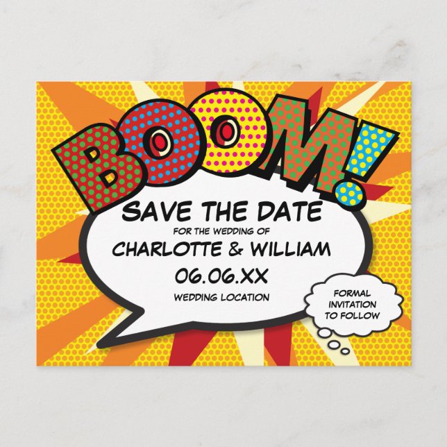 Modern Fun Comic Buchen Sie BOOM Save the Date Postkarte (Vorderseite)
