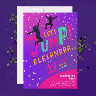 Modern Fun Girl Lila Pink Trampolin Jump Bounce Einladung