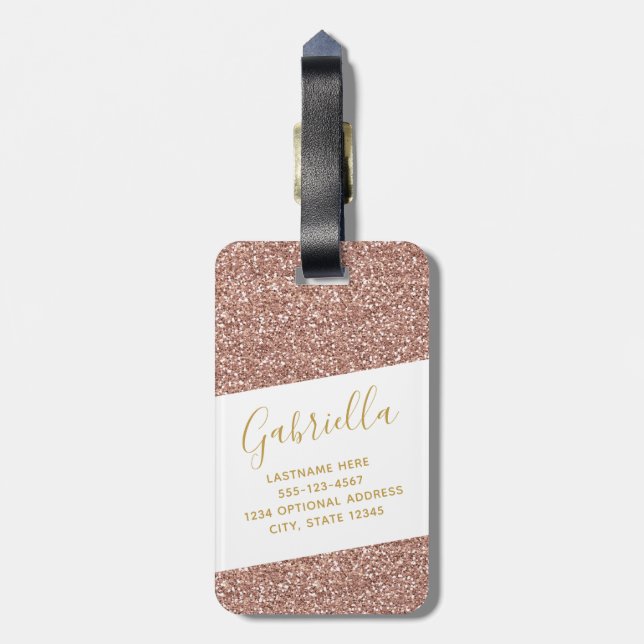 Modern Fun Girly Rose Gold Pink Glitzer Reisepass Gepäckanhänger (Rückseite vertikal)