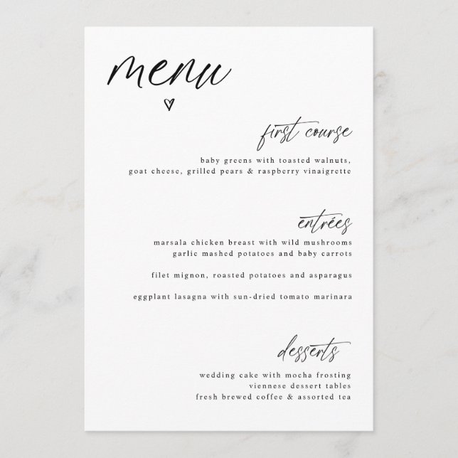 Modern Fun Handwriting Heart Simple Wedding Menu Menükarte (Vorderseite)