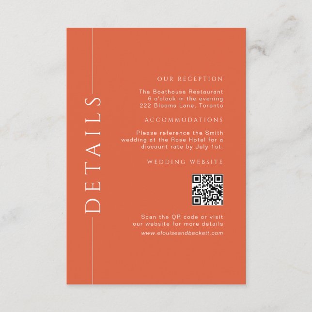 Modern Fun Orange Wedding Details Einfügen QR Code Begleitkarte (Vorderseite)