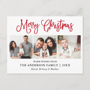 Modern Fun Red Calligrafy Weihnachten 3 Fotos Postkarte