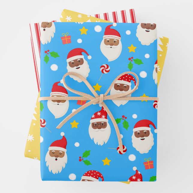 Modern Fun Santa Stripes Weihnachtsmuster Blau Geschenkpapier Set (Beispiel)