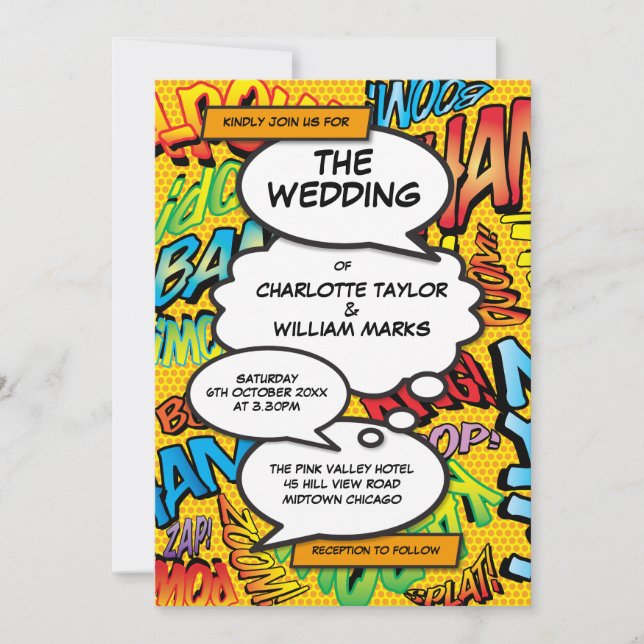 Modern Fun Typografic Designer Comic Hochzeit Einladung (Vorderseite)