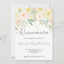 Modern gelbe Rose grünes Blumengold Quinceanera Einladung