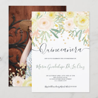 Modern gelbe Rose grünes Blumengold Quinceanera Einladung