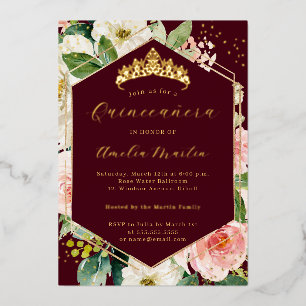 Modern Geo Burgundy Blush Floral Quinceanera Folieneinladung
