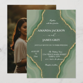 Modern Geode Photo Back Sage Green Wedding  Einladung