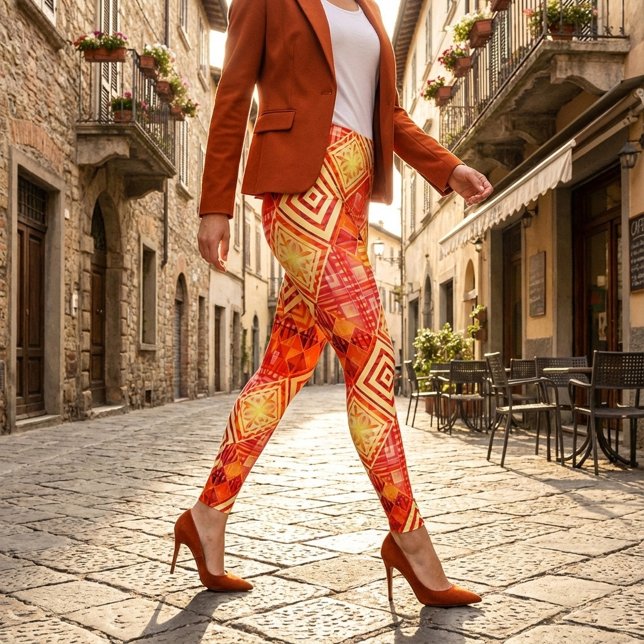 Modern Geometric Abstract Pattern  Leggings (Unique leggings featuring a geometric abstract pattern in warm terra cotta and orange)