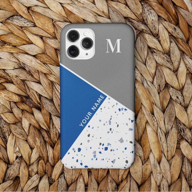 Modern Geometric Blue Gray Terrazzo Monogram Case-Mate iPhone Hülle (Von Creator hochgeladen)