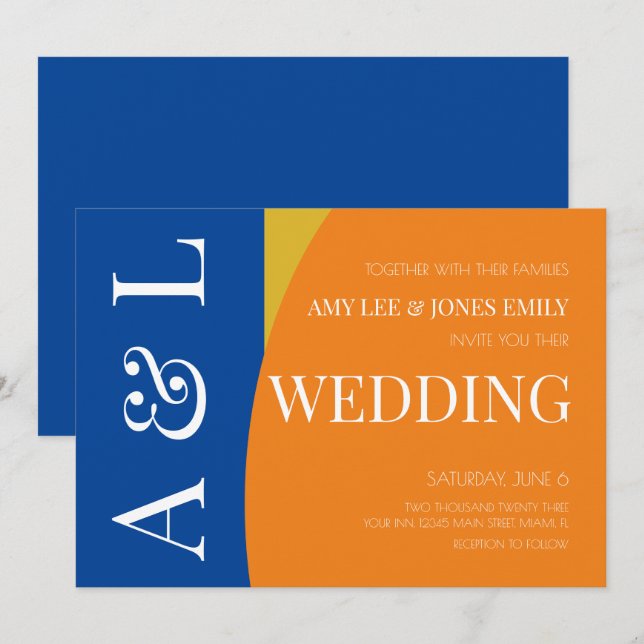 Modern Geometric Blue Mustard Bright Wedding Einladung (Vorne/Hinten)