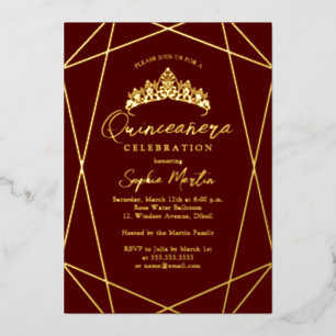 Modern Geometric Burgundy Gold Quinceanera Folieneinladung