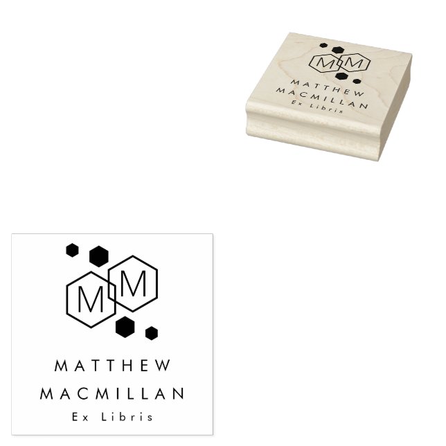 Modern geometric hexagons monogram library book gummistempel (Stempel)