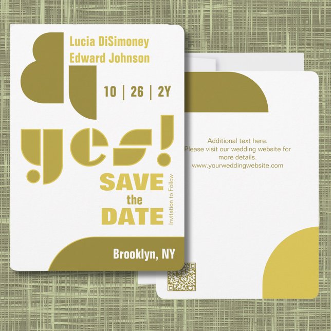 Modern Geometric ja! Weiße Save the Date (Modern Sophisticated Olive Green Yes! Wedding Save the Date. Abstract Shapes. Geometric Typography.)