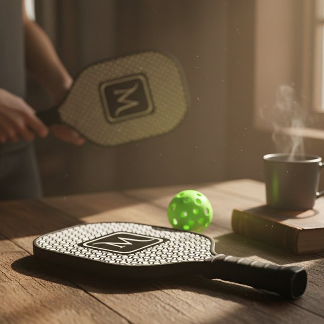 Modern Geometric Monogram Black White Pickleball Schläger (Von Creator hochgeladen)