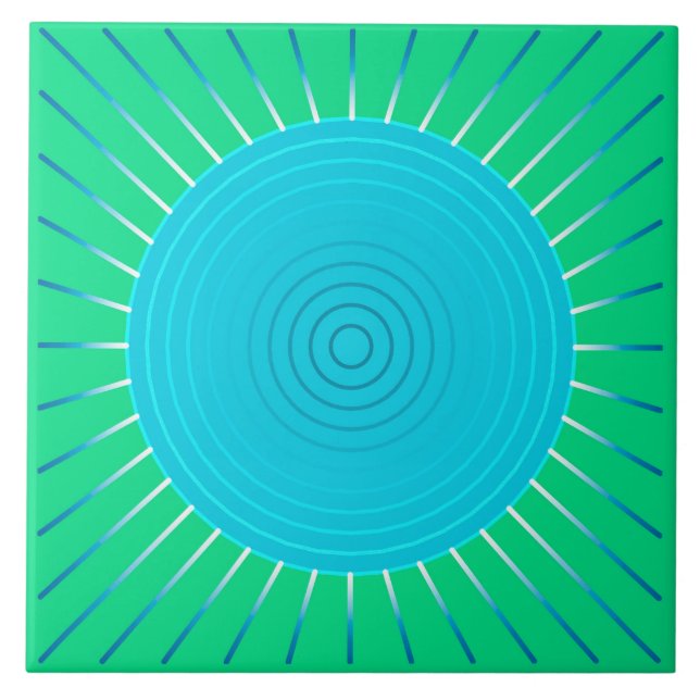 Modern Geometric Sunburst - Blau und Jade Grün Fliese (Vorderseite)