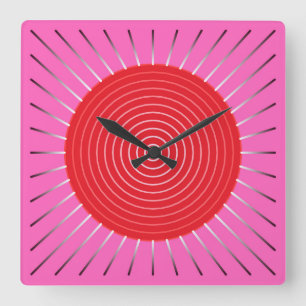 Modern Geometric Sunburst - Fuchsia and Red Quadratische Wanduhr