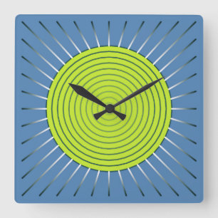 Modern Geometric Sunburst - Limon und Denim Blue Quadratische Wanduhr