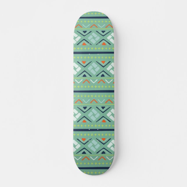 Modern Geometric Tribal Green Blue Muster Skateboard (Vorne)
