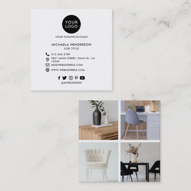 Modern gestaltete Logos, 4 Fotos und Social Media Quadratische Visitenkarte (Vorne/Hinten)