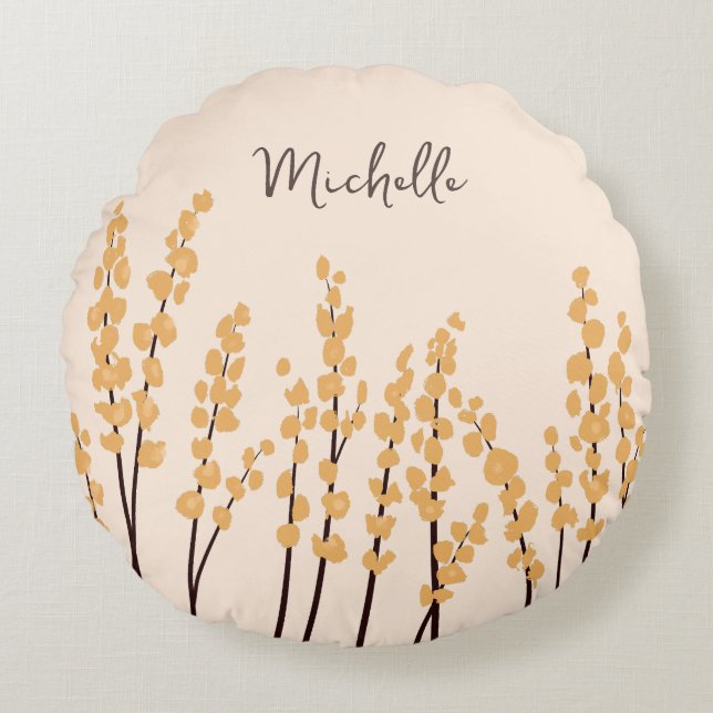 Modern gestrichene gelbe Blumen Individuelle Name Rundes Kissen (Vorderseite)