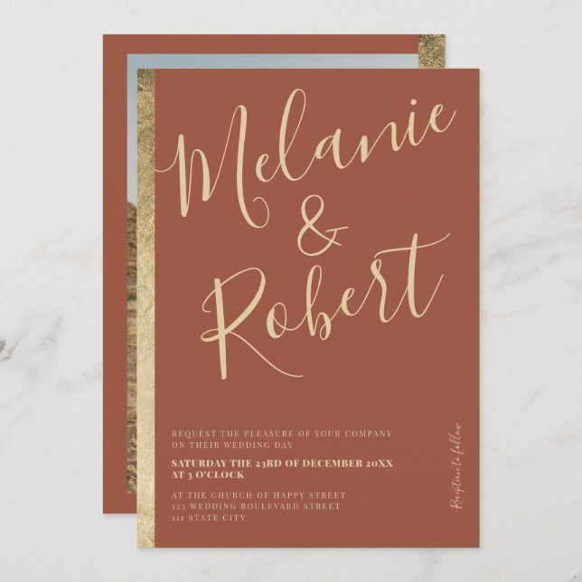 Modern gewachsener Goldstreifen Terracotta Hochzei Einladung (Vorne/Hinten)