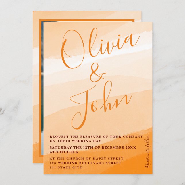 Modern gewagtes Orange Foto für Hochzeitsfeiern Einladung (Vorne/Hinten)